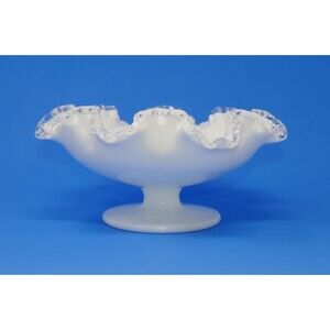 Fenton Silver Crest Ruffled Milk Glass Footed Bowl Pedestal Candy Dish